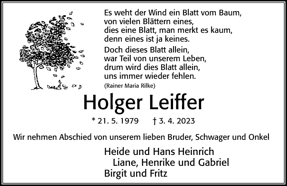  Traueranzeige für Holger Leiffer vom 08.04.2023 aus Cellesche Zeitung