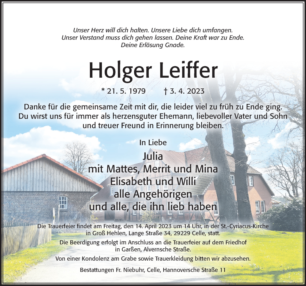  Traueranzeige für Holger Leiffer vom 08.04.2023 aus Cellesche Zeitung