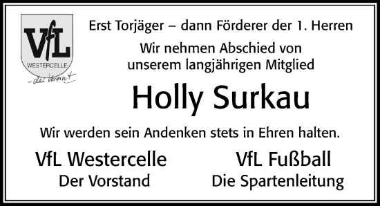 Traueranzeige von Holly Surkau von Cellesche Zeitung