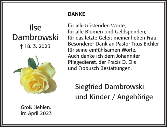 Traueranzeige von Ilse Dambrowski von Cellesche Zeitung