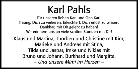 Traueranzeige von Karl Pahls von Cellesche Zeitung