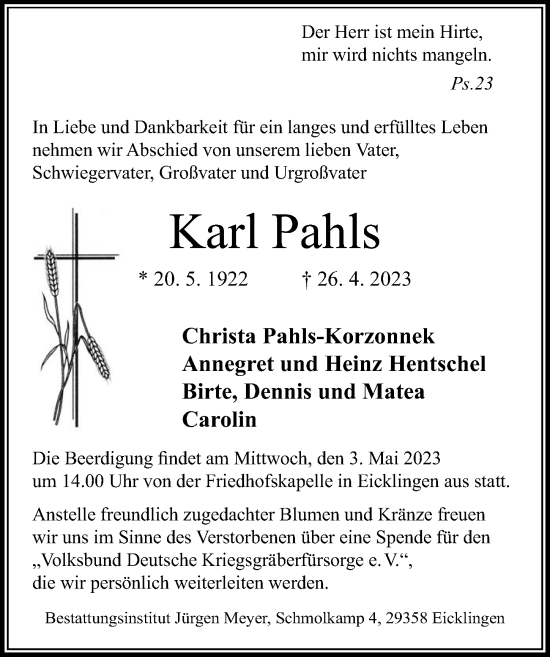 Traueranzeige von Karl Pahls von Cellesche Zeitung