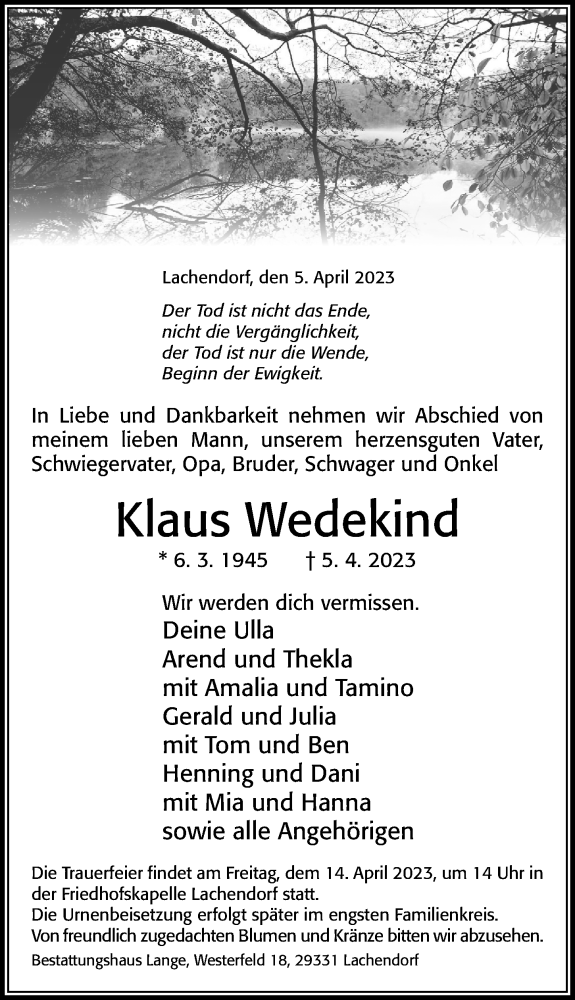  Traueranzeige für Klaus Wedekind vom 08.04.2023 aus Cellesche Zeitung