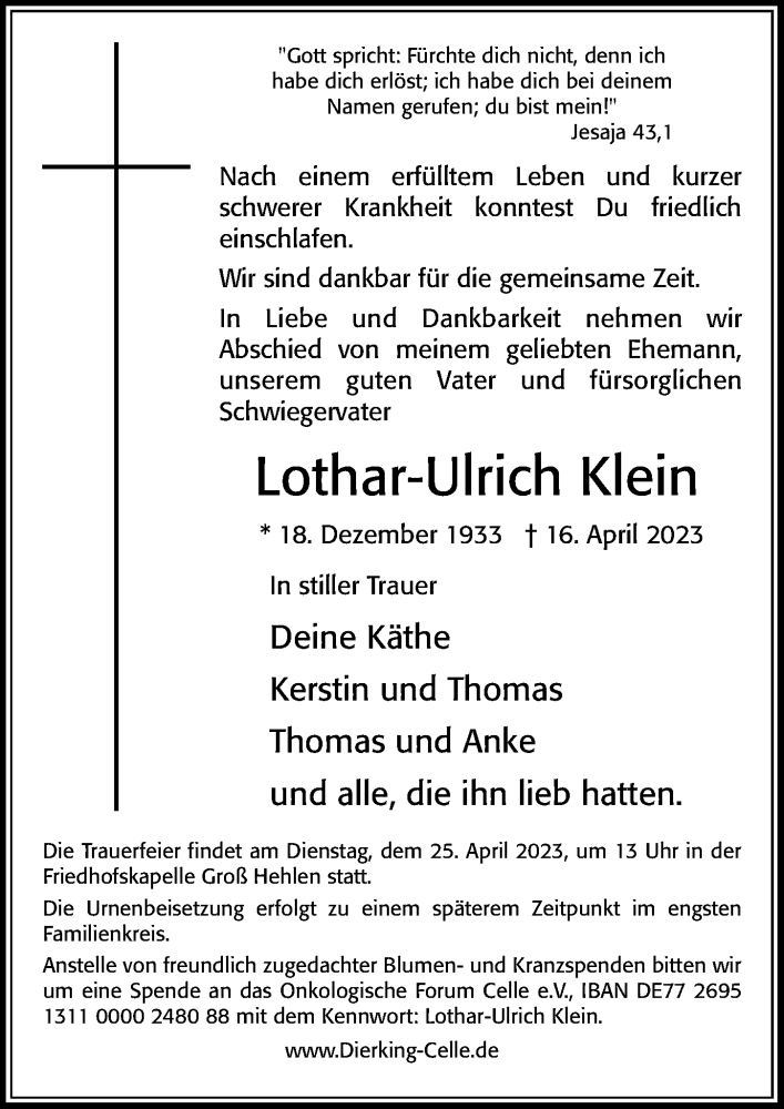  Traueranzeige für Lothar-Ulrich Klein vom 21.04.2023 aus Cellesche Zeitung