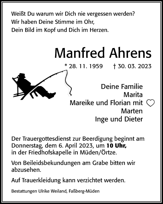 Traueranzeige von Manfred Ahrens von Cellesche Zeitung