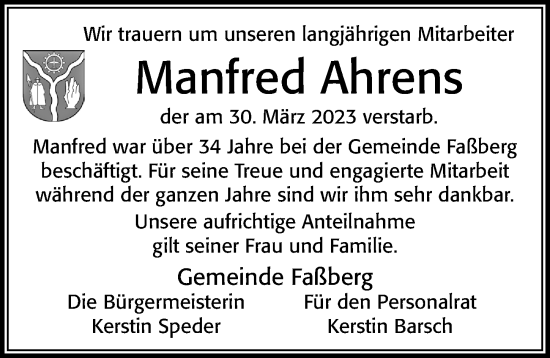 Traueranzeige von Manfred Ahrens von Cellesche Zeitung