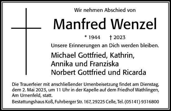 Traueranzeige von Manfred Wenzel von Cellesche Zeitung