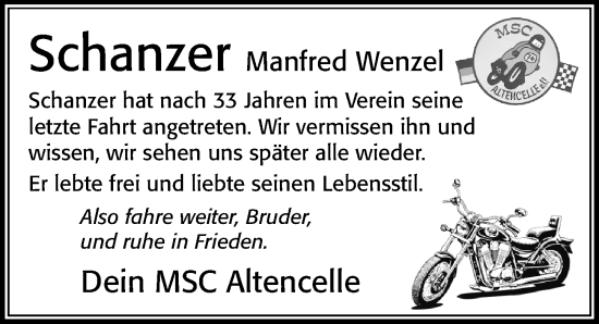 Traueranzeige von Manfred Wenzel von Cellesche Zeitung