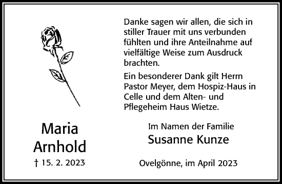 Traueranzeige von Maria Arnhold von Cellesche Zeitung