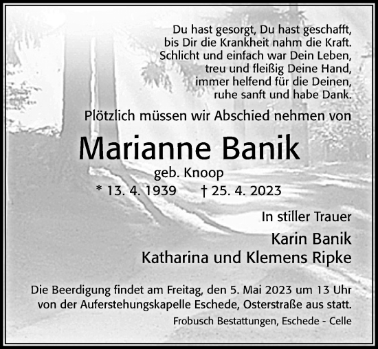 Traueranzeige von Marianne Banik von Cellesche Zeitung