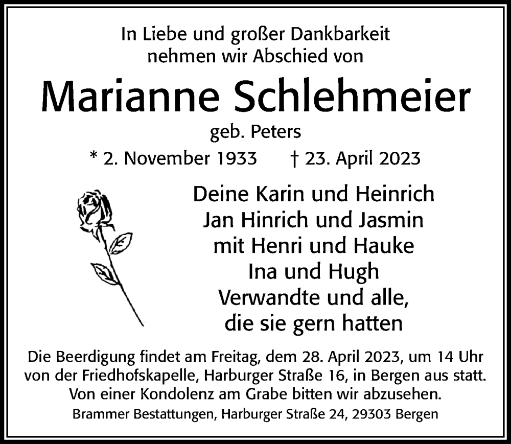  Traueranzeige für Marianne Schlehmeier vom 26.04.2023 aus Cellesche Zeitung