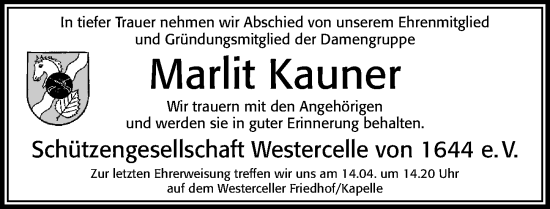 Traueranzeige von Marlit Kauner von Cellesche Zeitung