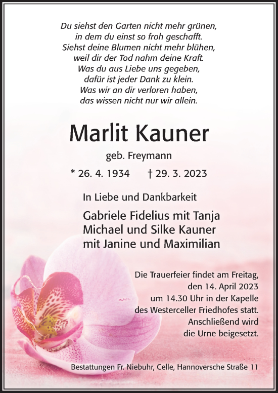 Traueranzeige von Marlit Kauner von Cellesche Zeitung
