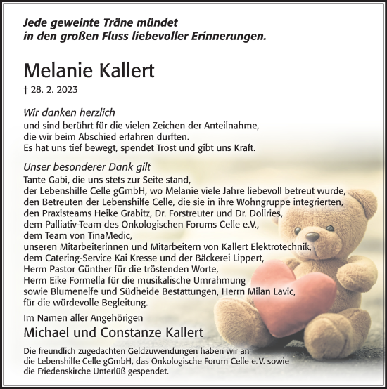 Traueranzeige von Melanie Kallert von Cellesche Zeitung