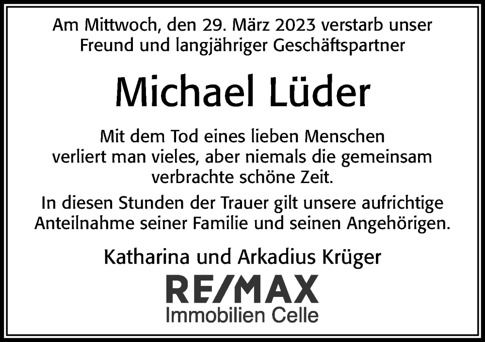  Traueranzeige für Michael Lüder vom 08.04.2023 aus Cellesche Zeitung