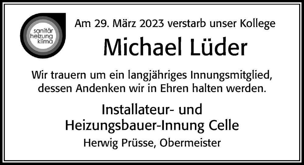 Traueranzeige für Michael Lüder vom 12.04.2023 aus Cellesche Zeitung