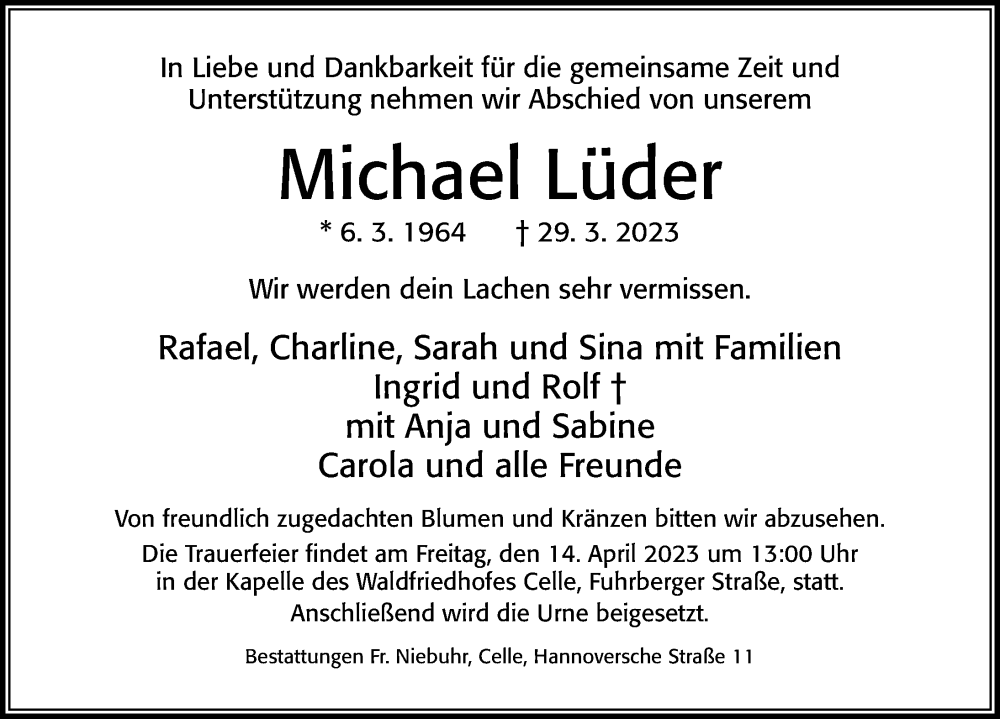  Traueranzeige für Michael Lüder vom 08.04.2023 aus Cellesche Zeitung