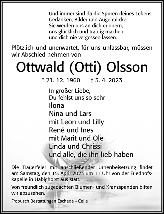 Traueranzeige von Ottwald Olsson von Cellesche Zeitung