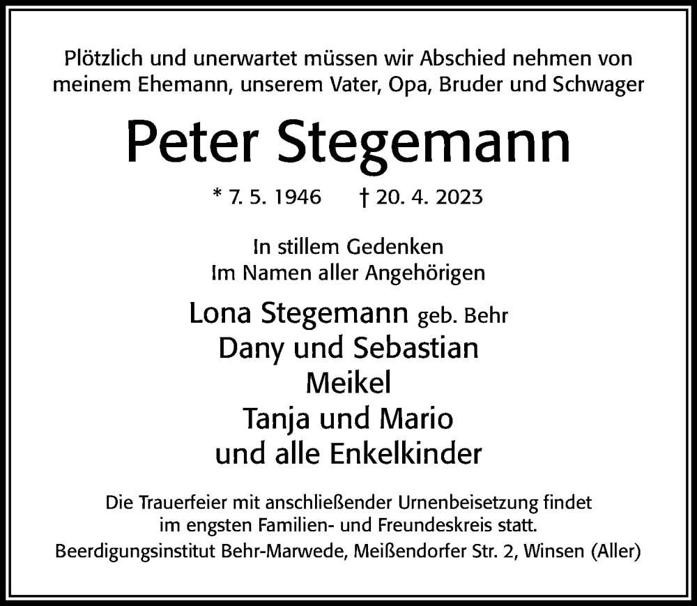  Traueranzeige für Peter Stegemann vom 29.04.2023 aus Cellesche Zeitung