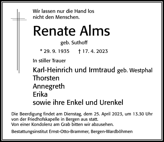 Traueranzeige von Renate Alms von Cellesche Zeitung
