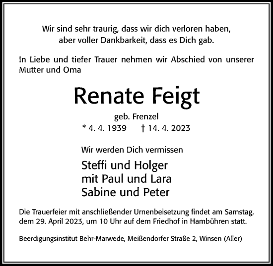Traueranzeige von Renate Feigt von Cellesche Zeitung