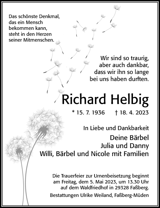 Traueranzeige von Richard Helbig von Cellesche Zeitung