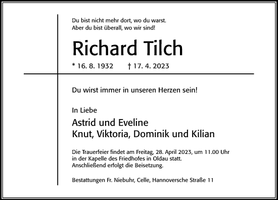 Traueranzeige von Richard Tilch von Cellesche Zeitung