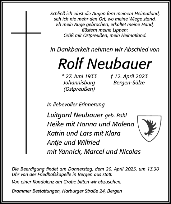 Traueranzeige von Rolf Neubauer von Cellesche Zeitung