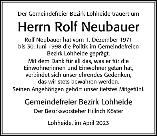 Traueranzeige von Rolf Neubauer von Cellesche Zeitung