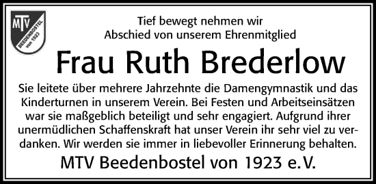 Traueranzeige von Ruth Brederlow von Cellesche Zeitung