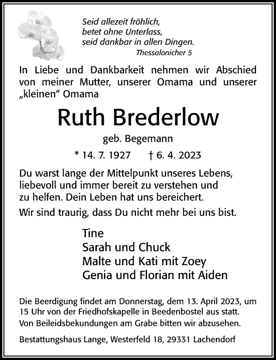 Traueranzeige von Ruth Brederlow von Cellesche Zeitung