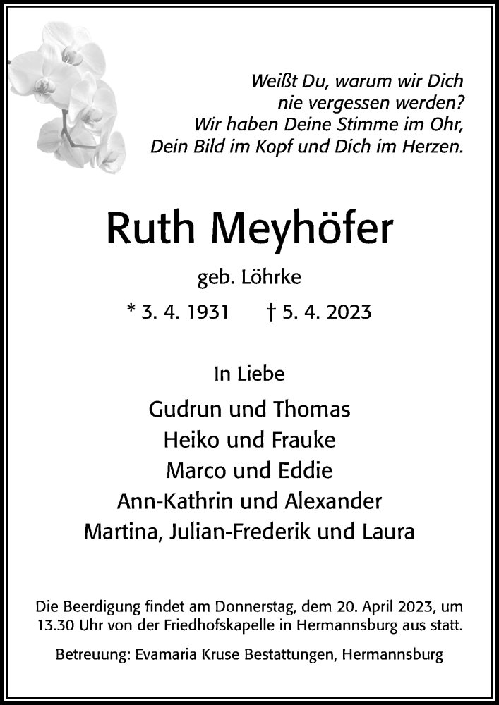  Traueranzeige für Ruth Meyhöfer vom 14.04.2023 aus Cellesche Zeitung