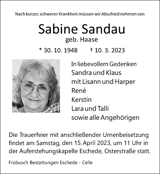 Traueranzeige von Sabine Sandau von Cellesche Zeitung