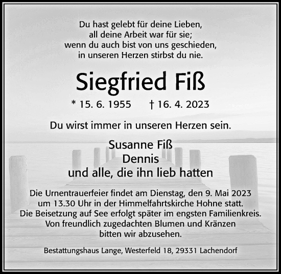 Traueranzeige von Siegfried Fiß von Cellesche Zeitung