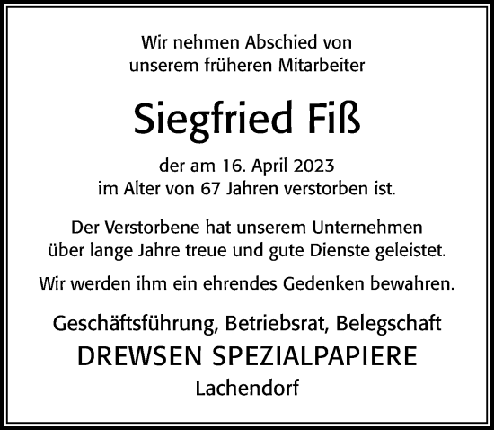 Traueranzeige von Siegfried Fiß von Cellesche Zeitung