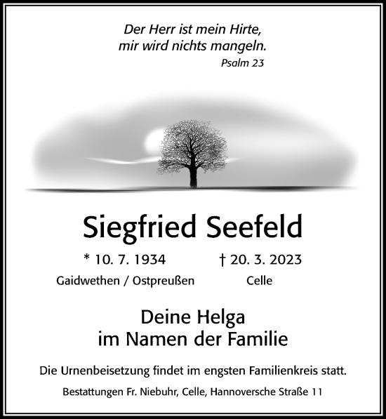 Traueranzeige von Siegfried Seefeld von Cellesche Zeitung