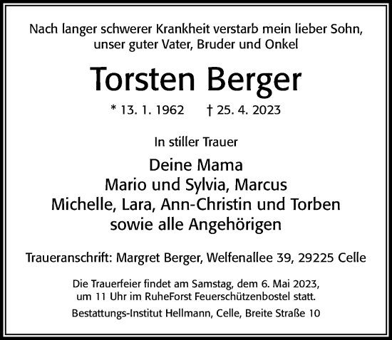 Traueranzeige von Torsten Berger von Cellesche Zeitung