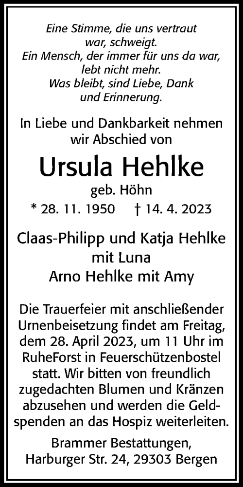 Traueranzeige von Ursula Hehlke von Cellesche Zeitung