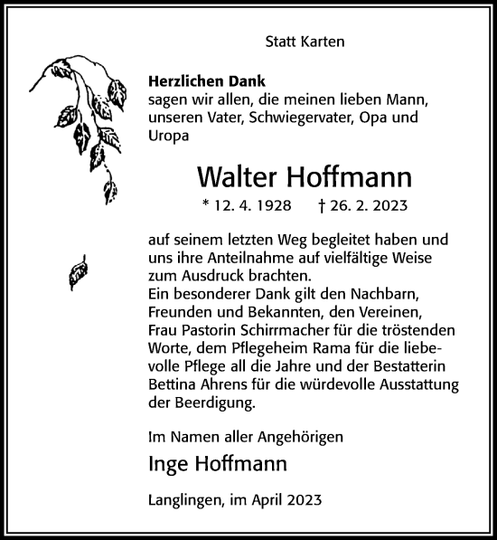 Traueranzeige von Walter Hoffmann von Cellesche Zeitung