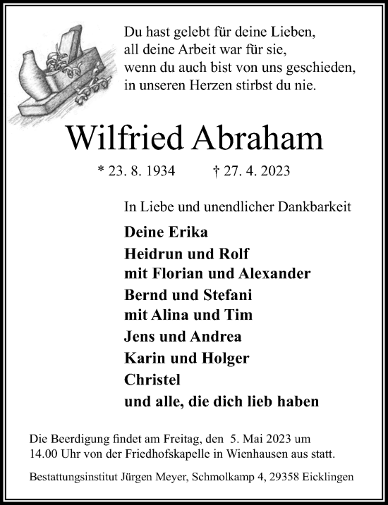 Traueranzeige von Wilfried Abraham von Cellesche Zeitung