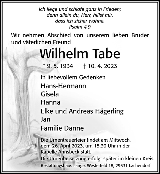 Traueranzeige von Wilhelm Tabe von Cellesche Zeitung