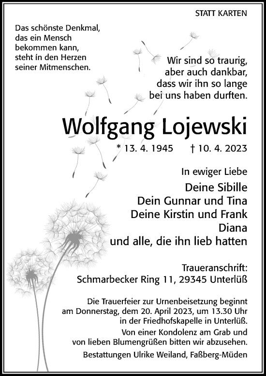 Traueranzeige von Wolfgang Lojewski von Cellesche Zeitung