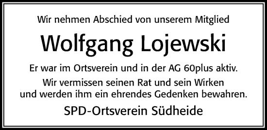 Traueranzeige von Wolfgang Lojewski von Cellesche Zeitung