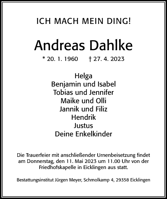 Traueranzeige von Andreas Dahlke von Cellesche Zeitung