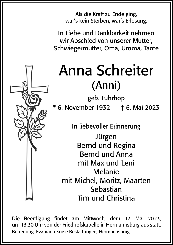  Traueranzeige für Anna Schreiter vom 12.05.2023 aus Cellesche Zeitung