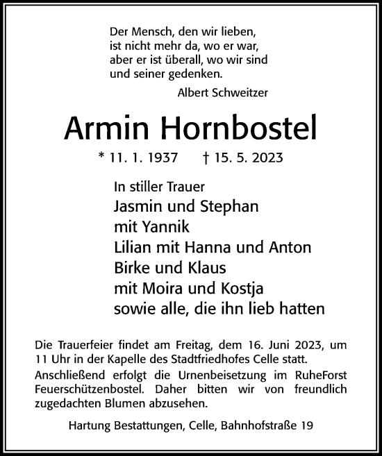 Traueranzeige von Armin Hornbostel von Cellesche Zeitung