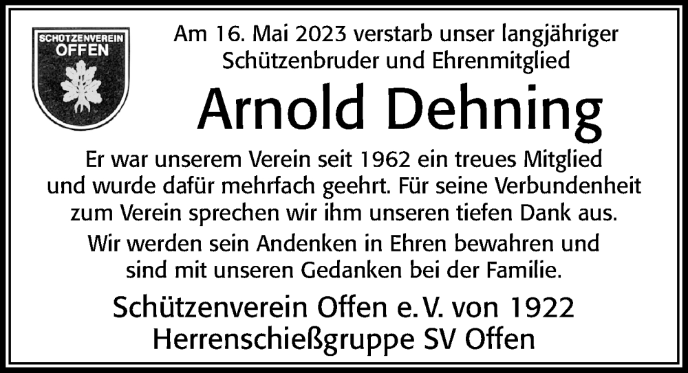  Traueranzeige für Arnold Dehning vom 26.05.2023 aus Cellesche Zeitung