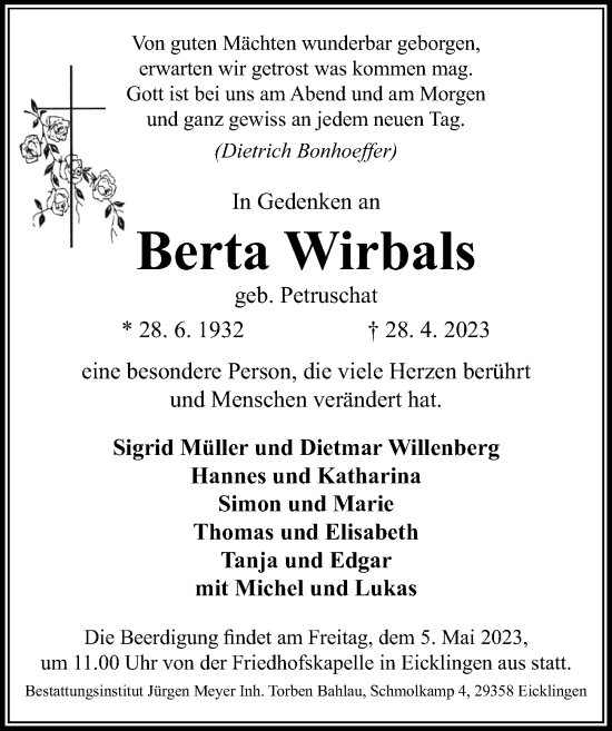 Traueranzeige von Berta Wirbals von Cellesche Zeitung