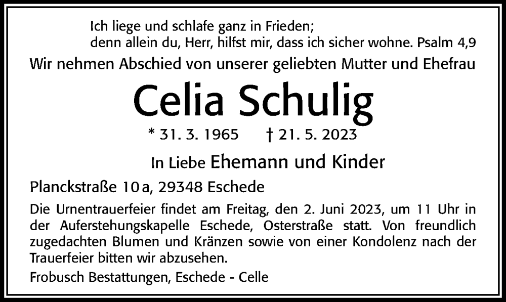  Traueranzeige für Celia Schulig vom 26.05.2023 aus Cellesche Zeitung