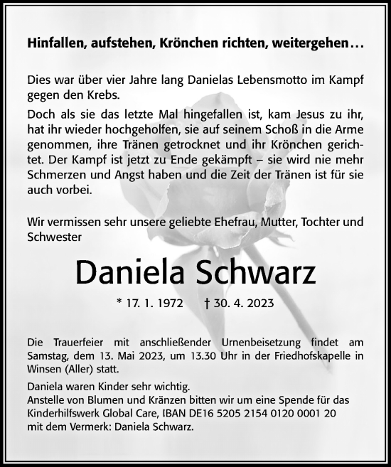 Traueranzeige von Daniela Schwarz von Cellesche Zeitung